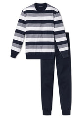 Schiesser navy, blauw en witte streep herenpyjama met v-hals en effen lange broek
