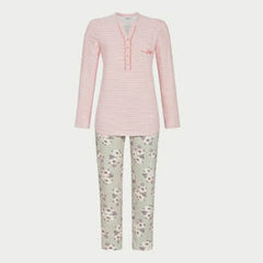 Ringella pyjama-loungepak met knoopsluiting in streep met bloem in taupe en roze