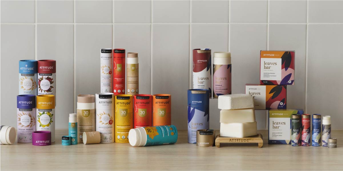 Image showing all ATTITUDE products with their plastic-free packaging, to fight against cosmetic waste.