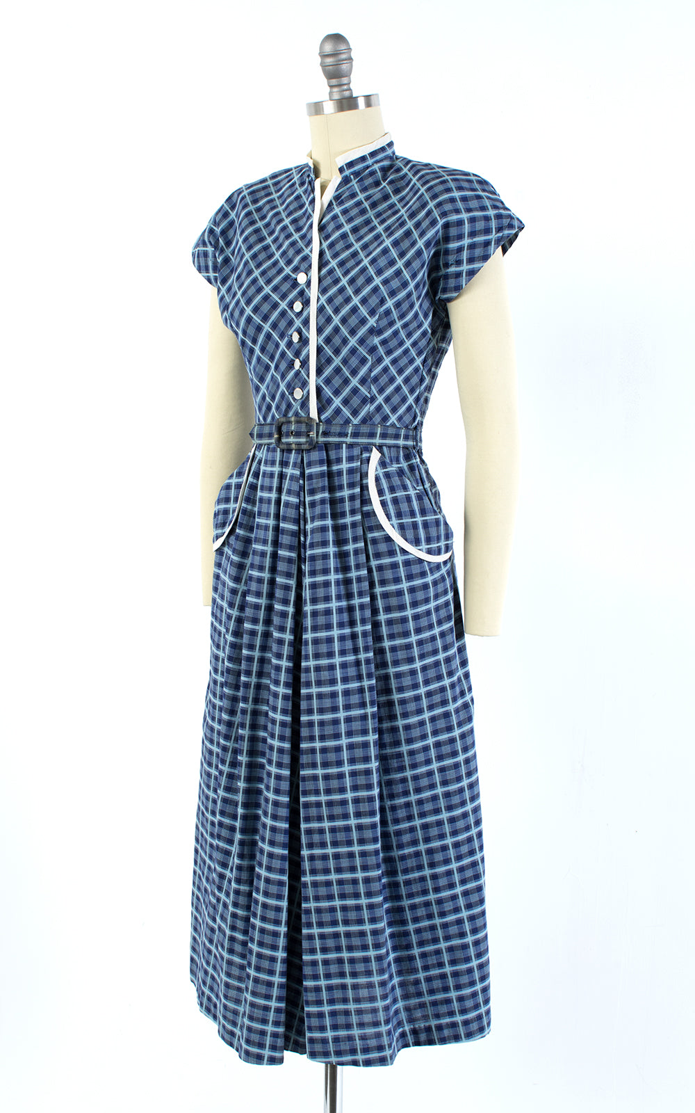 1950s Blue Plaid Cotton Shirtwaist Dress | small – Birthday Life Vintage