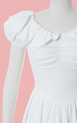 1940s White Cotton Piqué Puff Sleeve Gown