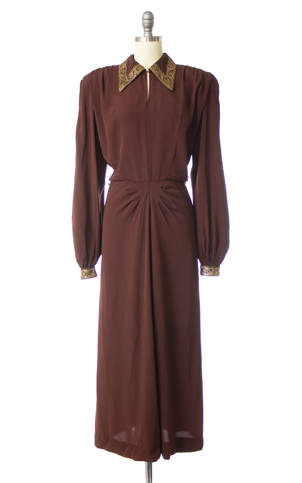 1940s Chocolate Rayon Crepe & Gold Bishop Sleeve Evening Dress | mediu ...