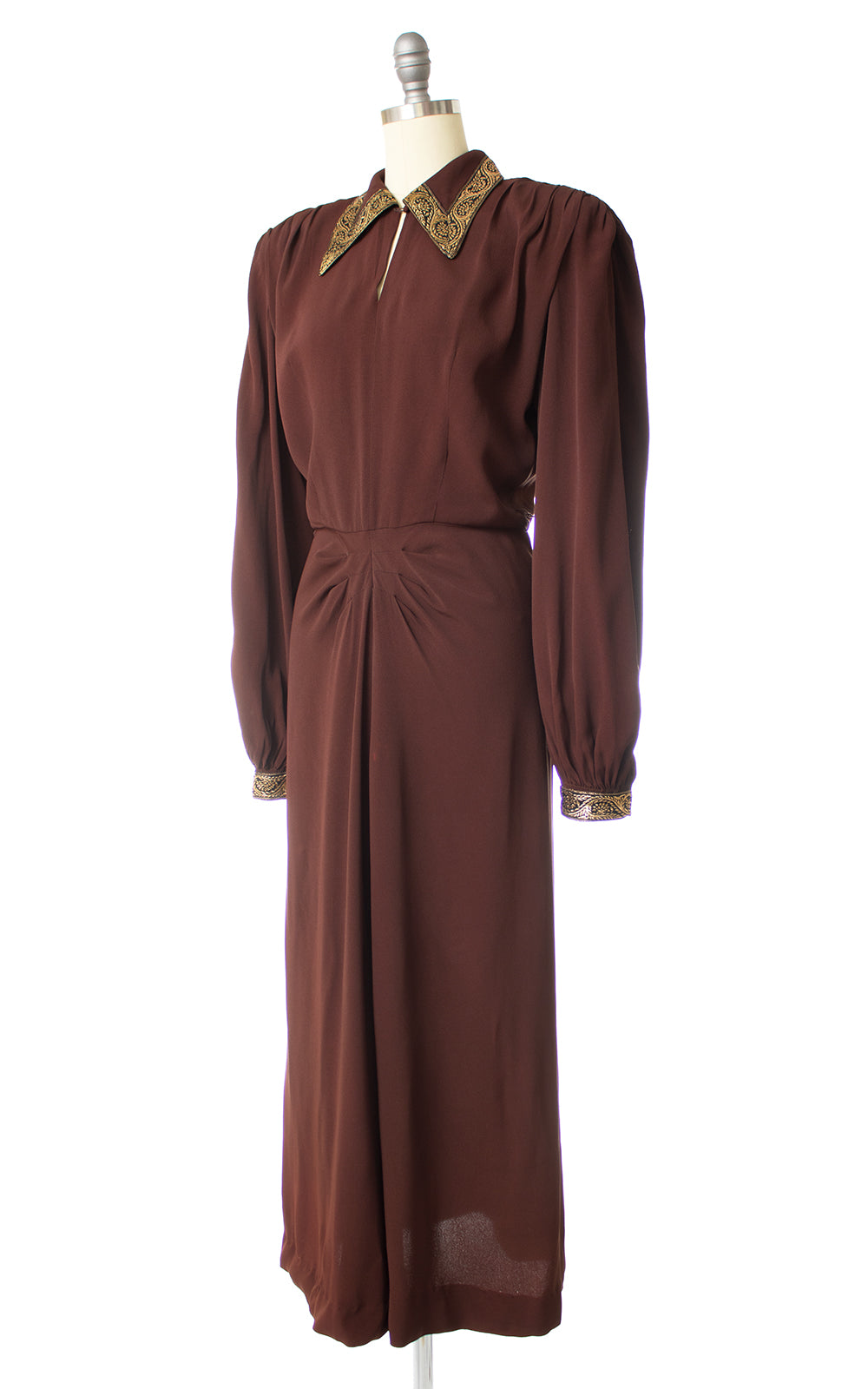 1940s Chocolate Rayon Crepe & Gold Bishop Sleeve Evening Dress | mediu ...