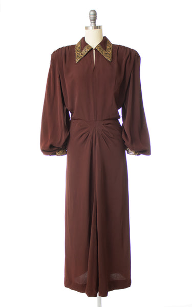 1940s Chocolate Rayon Crepe & Gold Bishop Sleeve Evening Dress | mediu ...