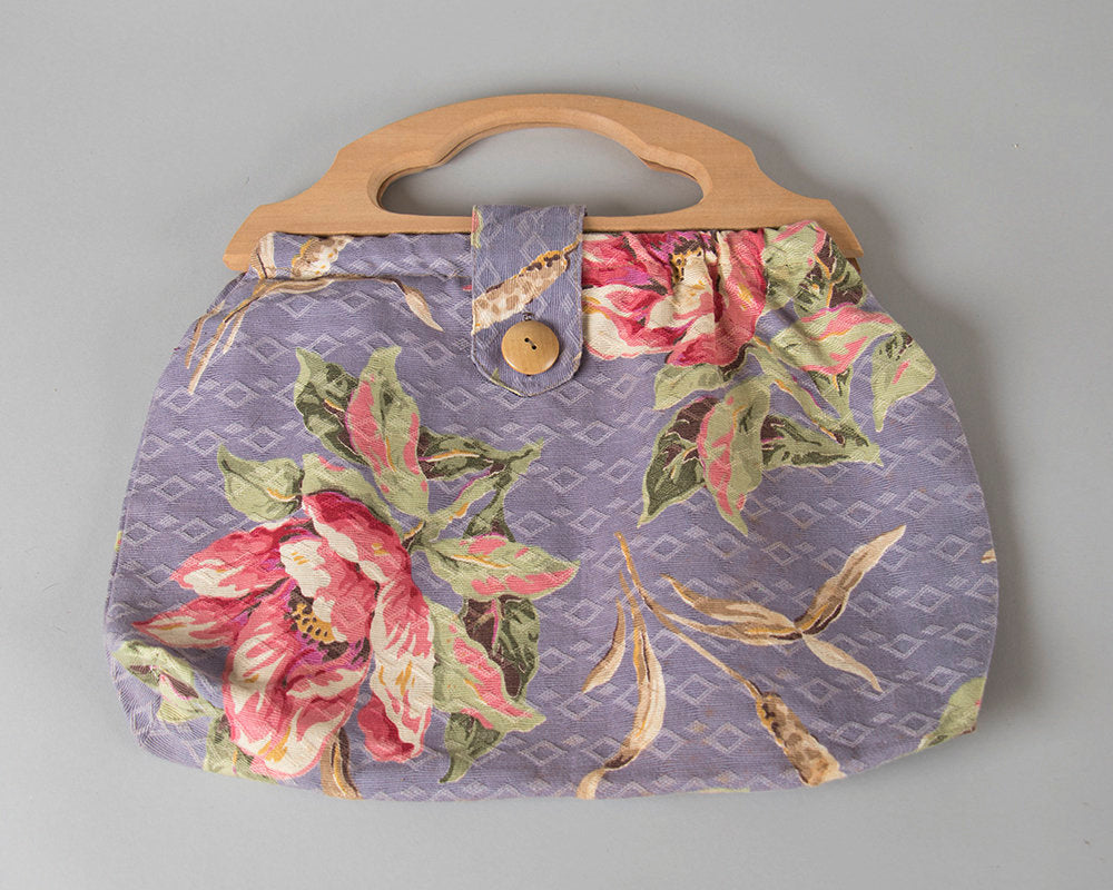 Vintage 1940s Purse | 40s Floral Cotton Wood Handle Handbag Purple Pink Topical Hawaiian Tiki Knitting Bag