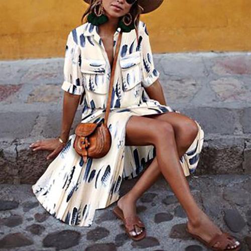 button down collar stripes half sleeve maxi dresses