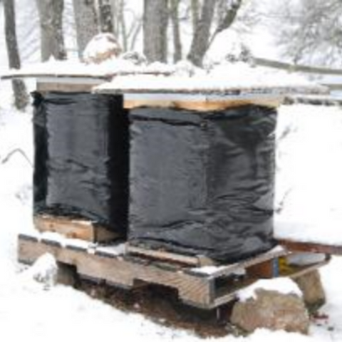 Overwintering Beehives Wrapped in a Bee Cozy Insulation