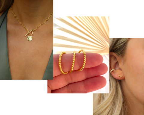 The Amelia Toggle Necklace, Mini Bow Stud Earrings, Demi Stacking Rings