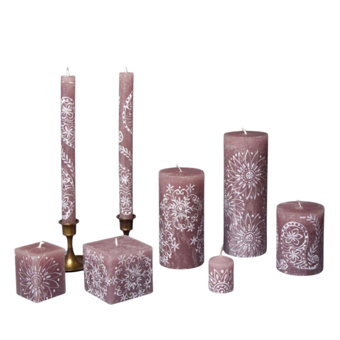 Henna Brown hand made candle collection.  White henna designs on frosted brown candles, cube candles, taper candles, pillar candles and votives. Fair Trade.