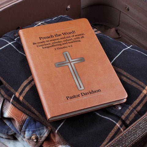 Pastor Appreciation Journal - Preach The Word on the cover with a silver cross and a place to personalize the Pastor's name.