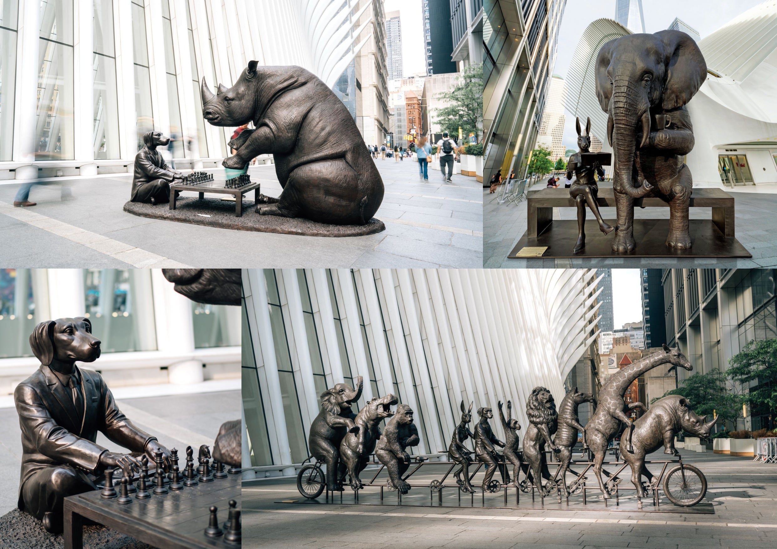 Collage of Gillie and Marc's Bronze Sculptures featuring a Rhino playing chess with dogman, Rabbitwoman sat reading on a bench next to an elephant and a tandem bike ride full of animals riding together