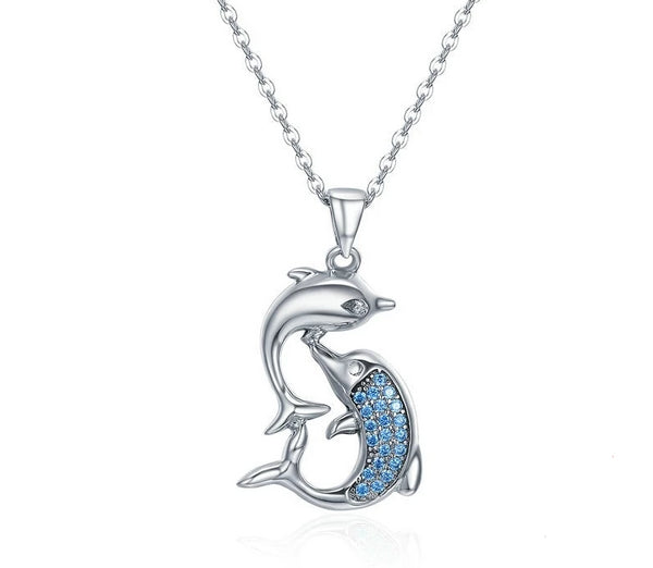 Necklace Real 100% 925 Sterling Silver Love Dolphins Pendant Necklace