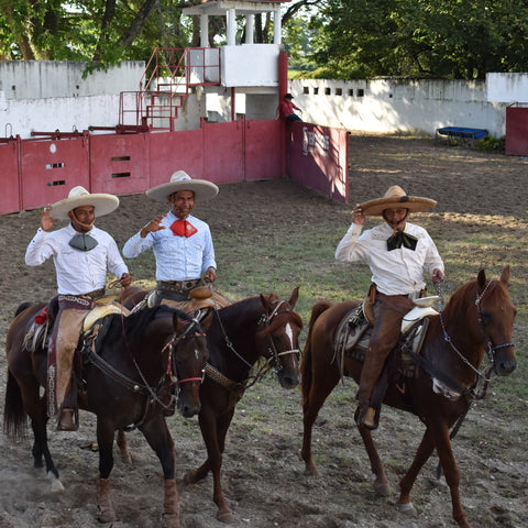 Three Mexican rodeo cowboys (charros) on horses - photo by Zuriela Benitez