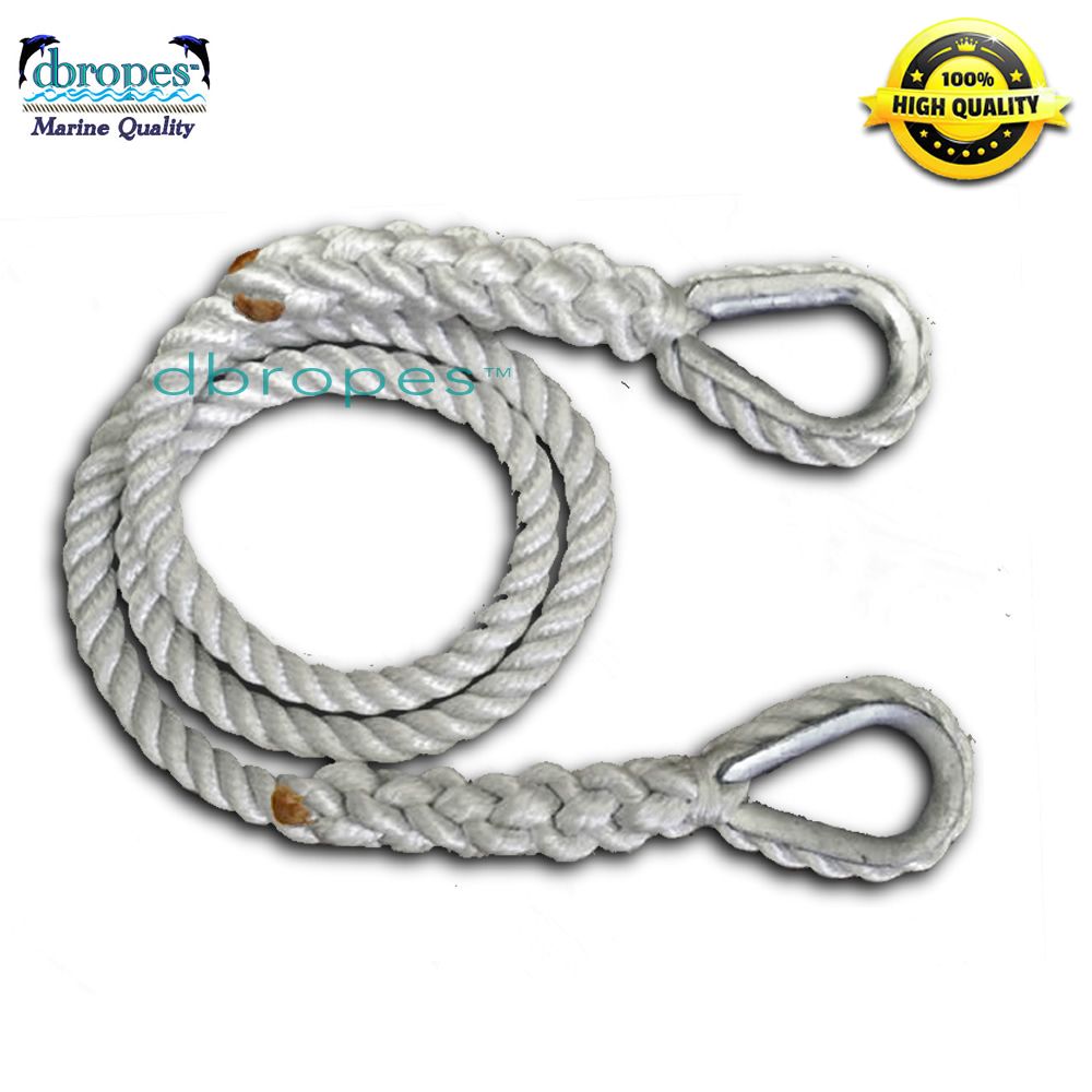 1/2" X 108' Three Strand Mooring Pendant 100% Nylon Rope with 2 SS Thimbles. (Tensile Strength 6400 Lbs.) Made in USA. FREE EXPEDITED SHIPPING