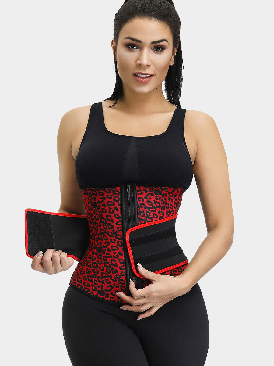 FEELINGIRL WOMEN'S NEOPRENE WAIST TRAINER CINCHER LEOPARD ADJUSTABLE VELCRO CORSET TRIMMER BELT BODY SHAPER ZIPPER