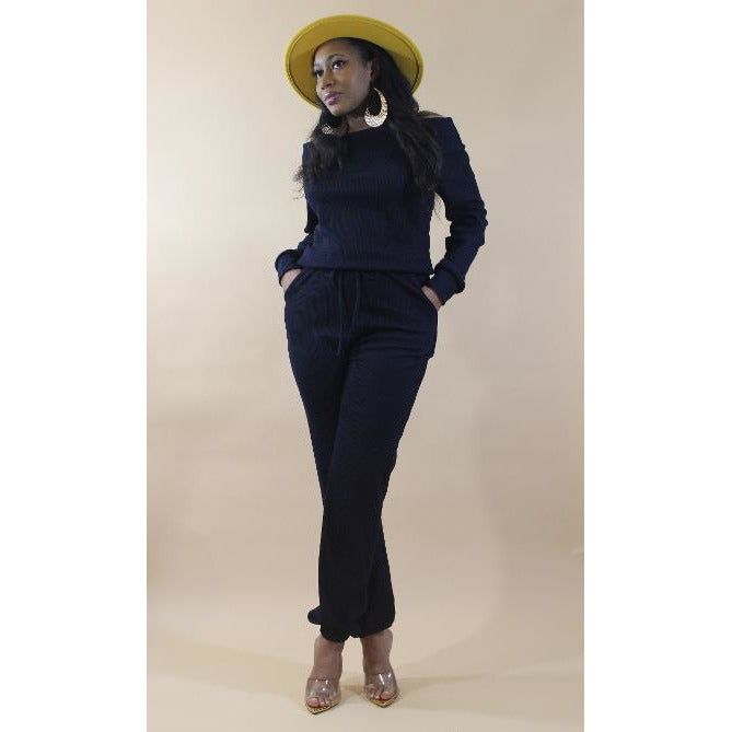 Stay With Me Jumpsuit w Mask - Navy - LeAmore Boutique