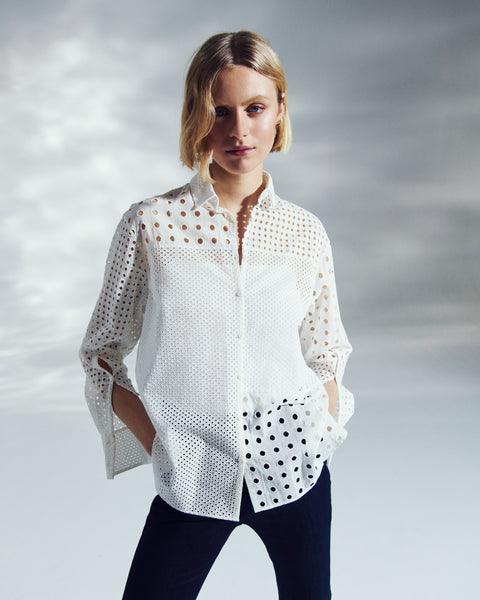 Shirt with Eyelet Embroidery - White - Ladies