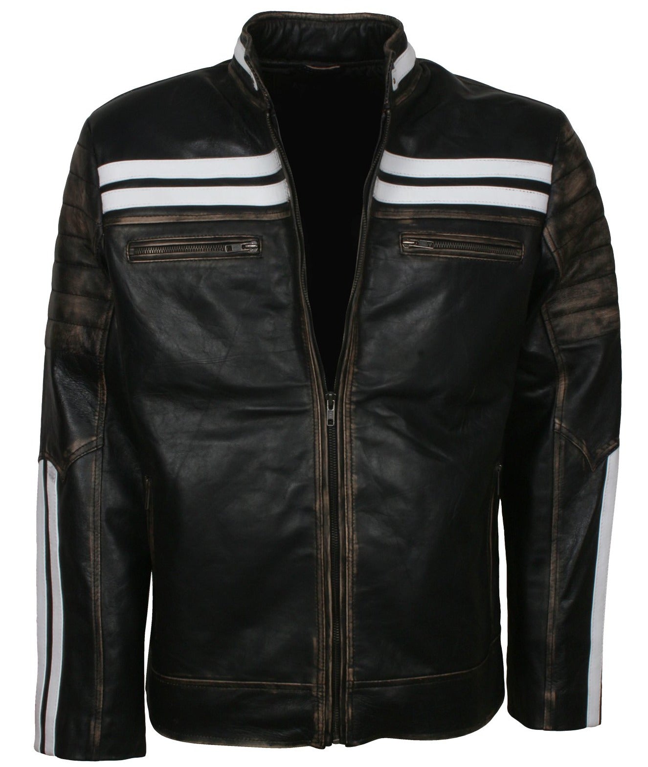 Distressed Black Leather Jacket With White Stripes – AlexGear