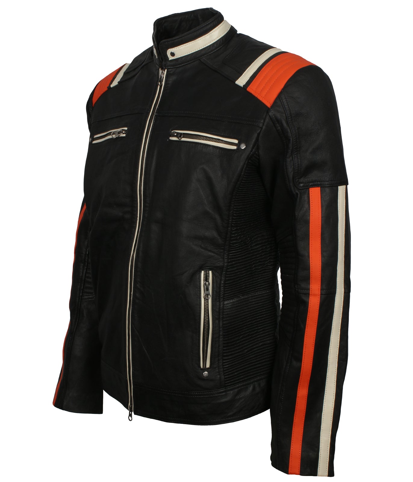 Black Retro Men's Biker Leather Jacket with Stripes – AlexGear