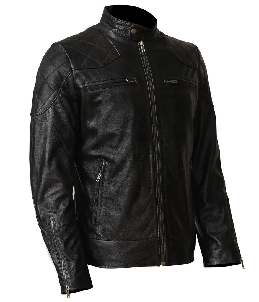 David Beckham Biker Jacket for Men in Black Genuine Leather