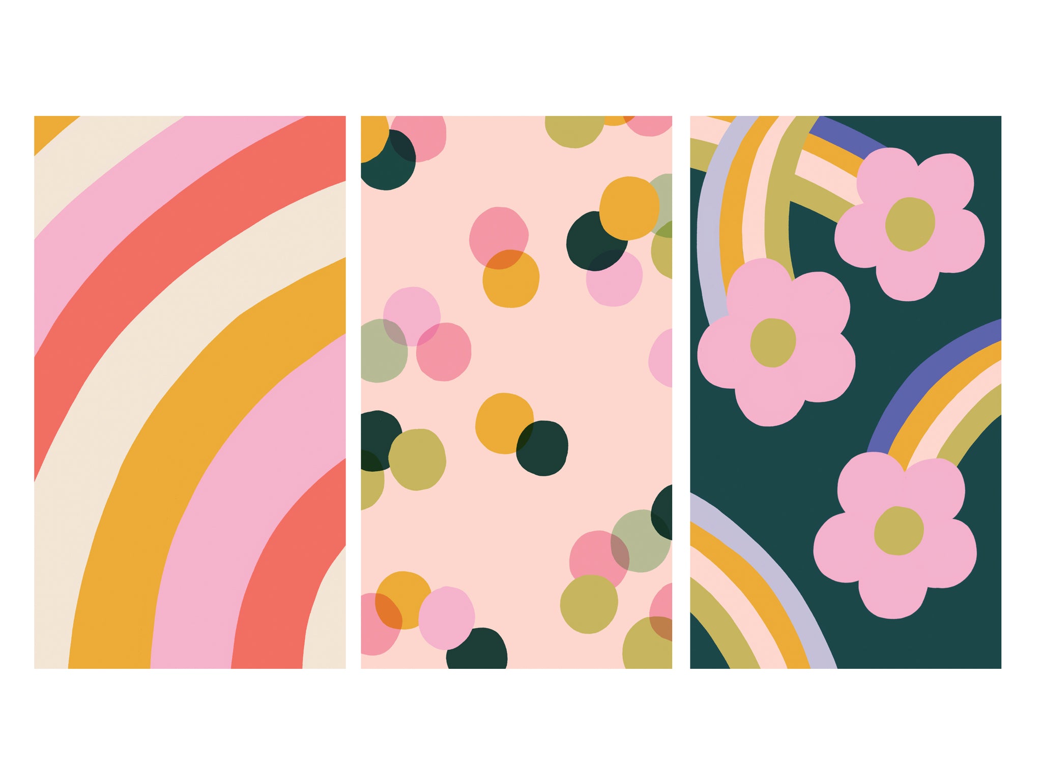 Three colourful free HD phone wallpaper downloads - rainblow pattern, dotty pattern and flower power rainbow and daisies | Raspberry Blossom