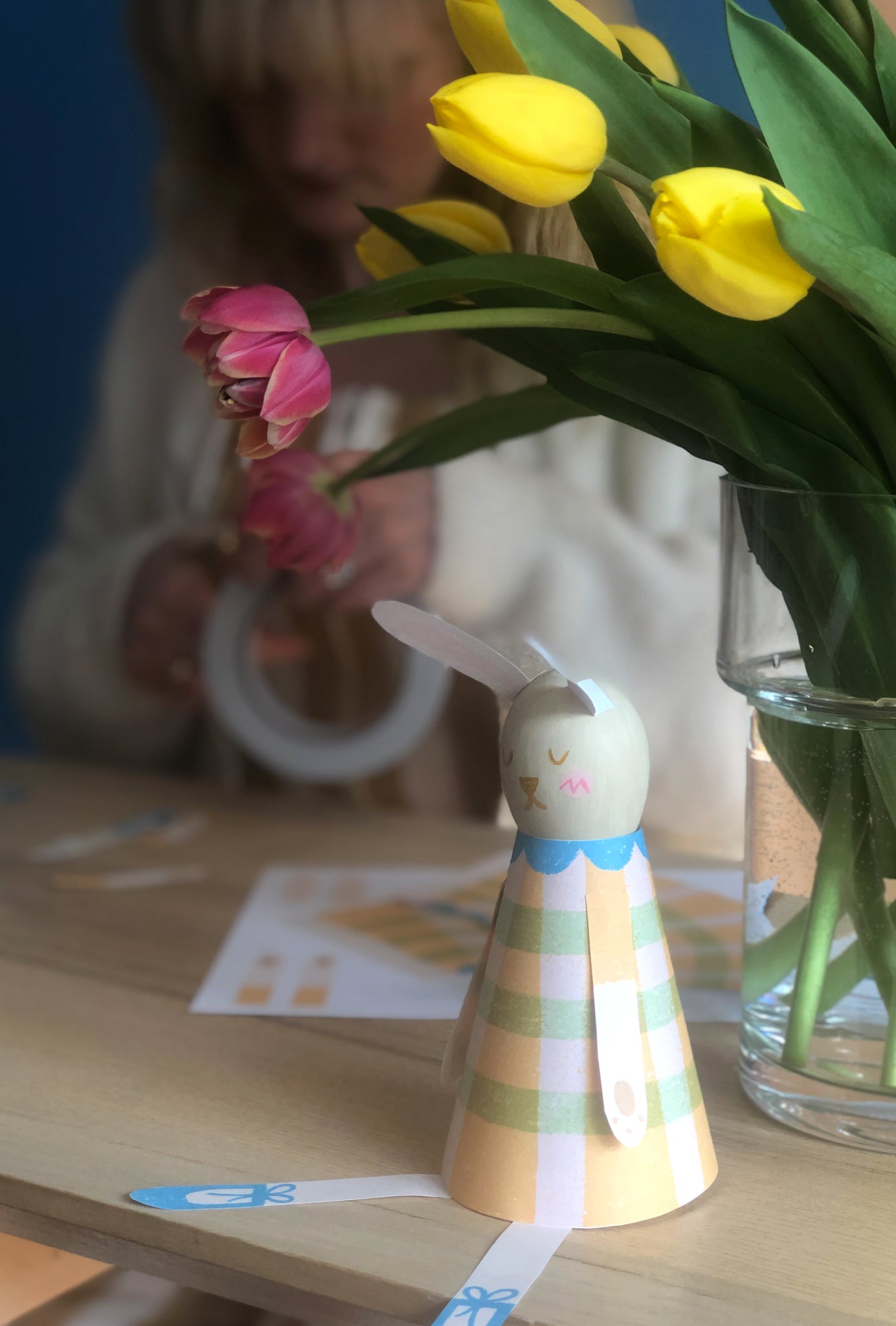 Finished Paper Bunny craft for kids under colourful tulips