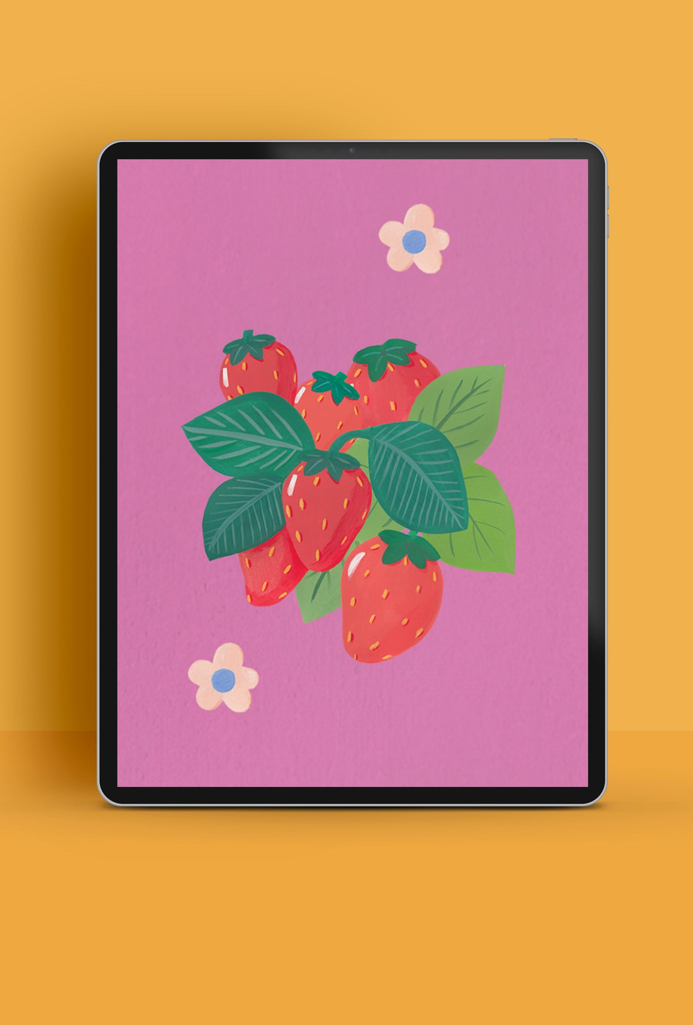 Bright and colourful summer strawberry tablet wallpaper | Raspberry Blossom
