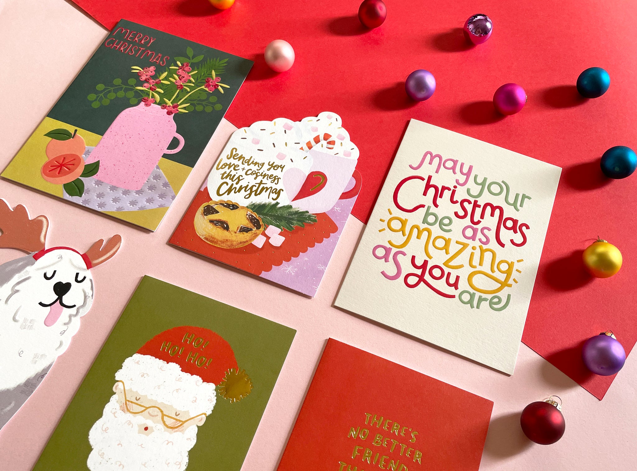 Colourful Christmas cards with festive baubles | Raspberry Blossom