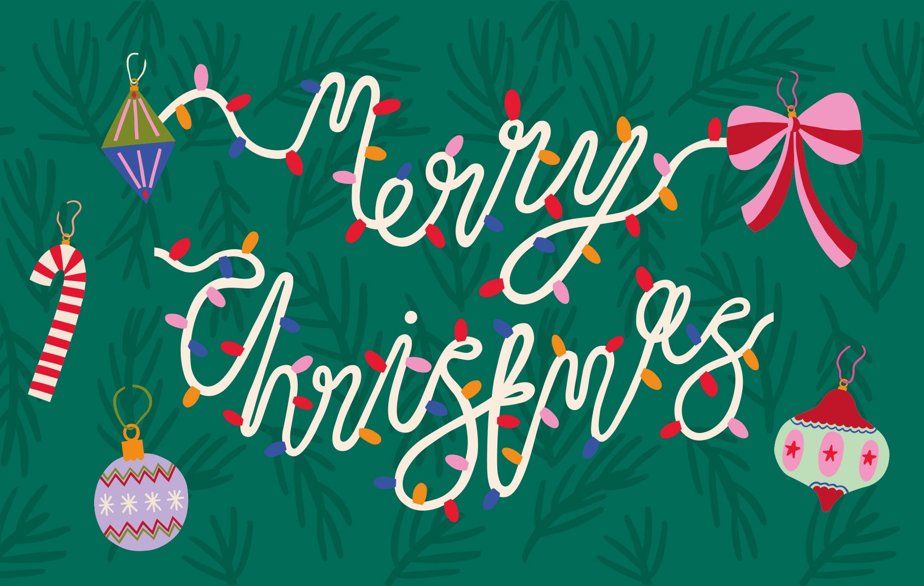 Christmas baubles with Merry Christmas message in lights wallpaper for desktop | Raspberry Blossom