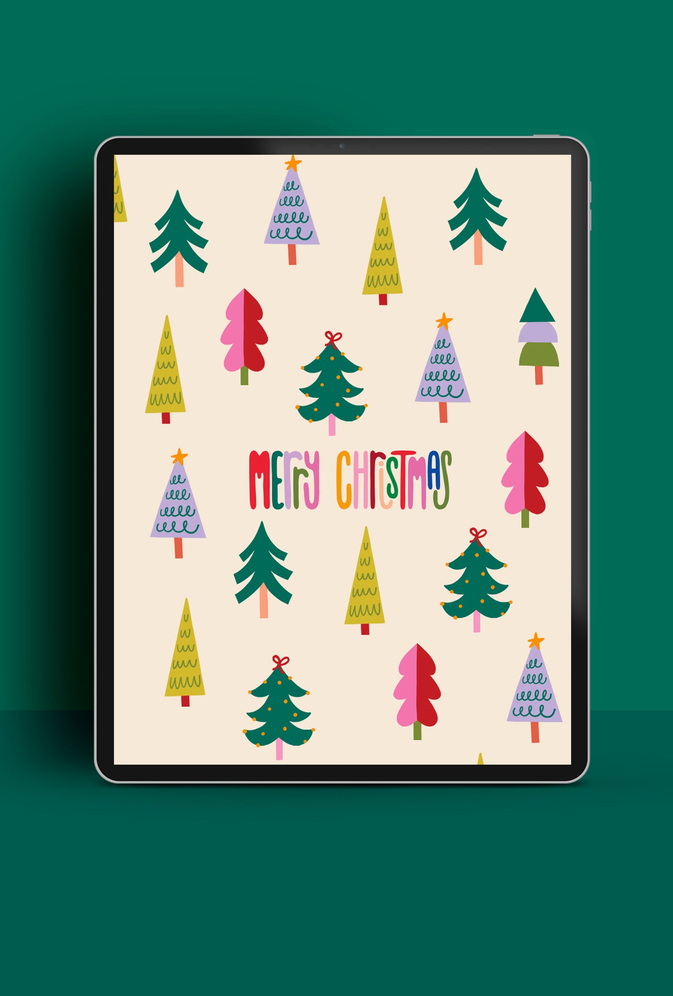 'Merry Christmas' message with colourful Christmas tree pattern tablet wallpaper | Raspberry Blossom