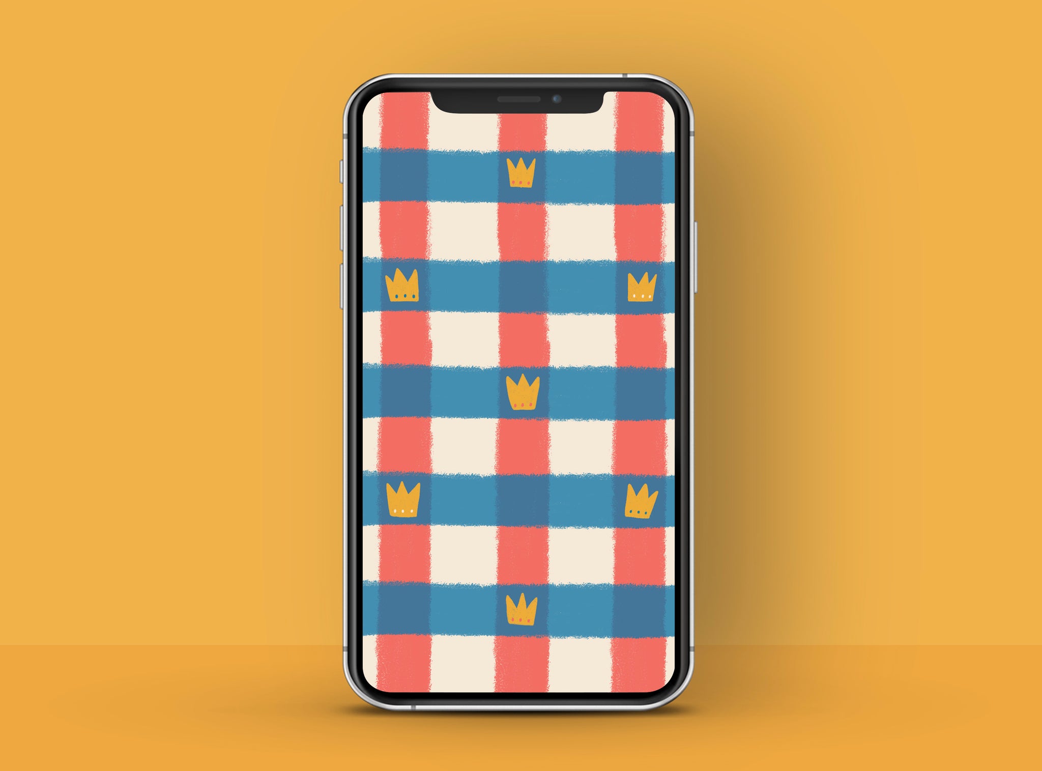 Classic red, white, and blue check phone wallpaper with tiny crown illustration details | Raspberry Blossom