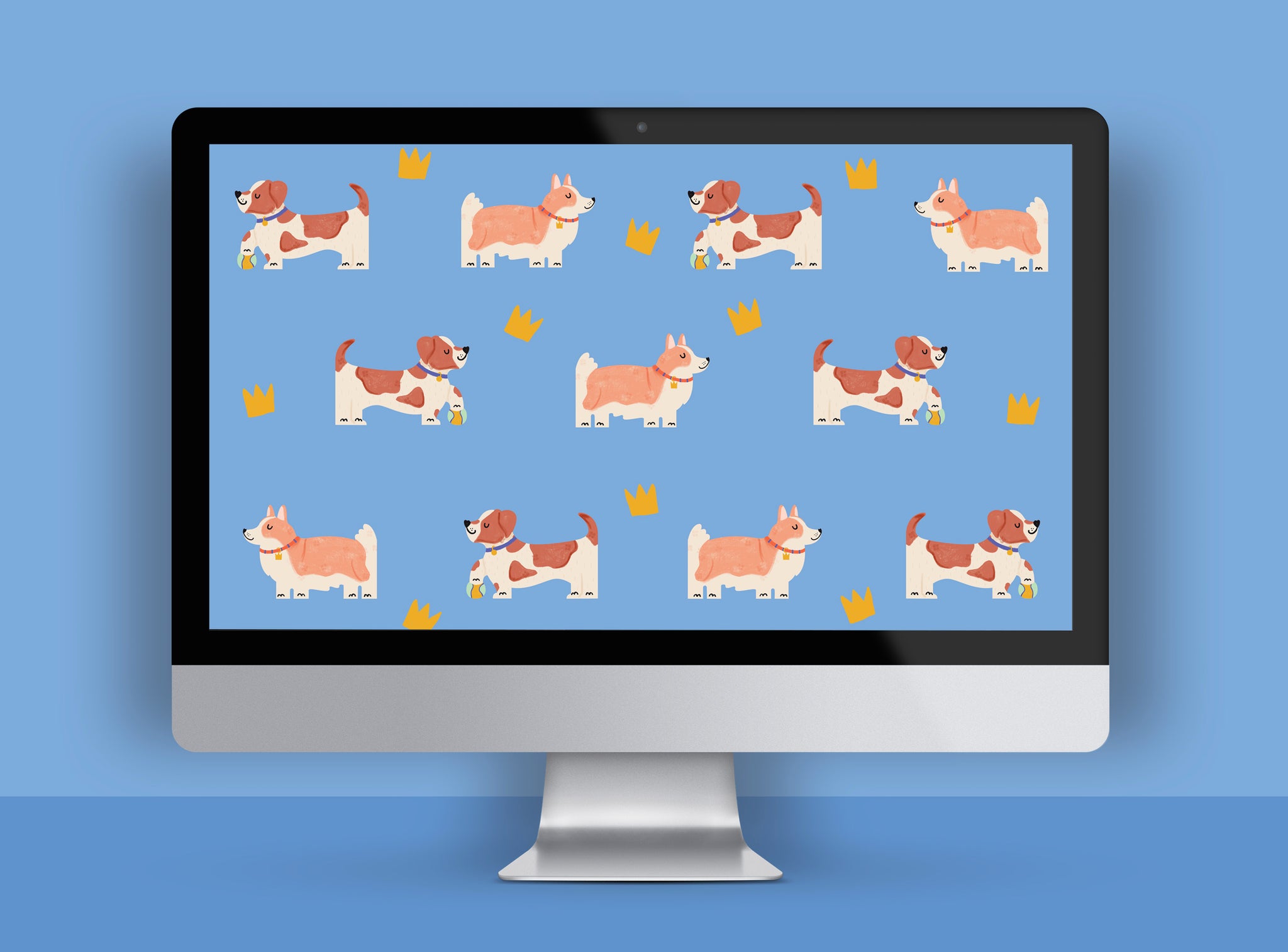 Cute dog pattern desktop wallpaper, featuring royal Jack Russell and Corgi pets | Raspberry Blossom
