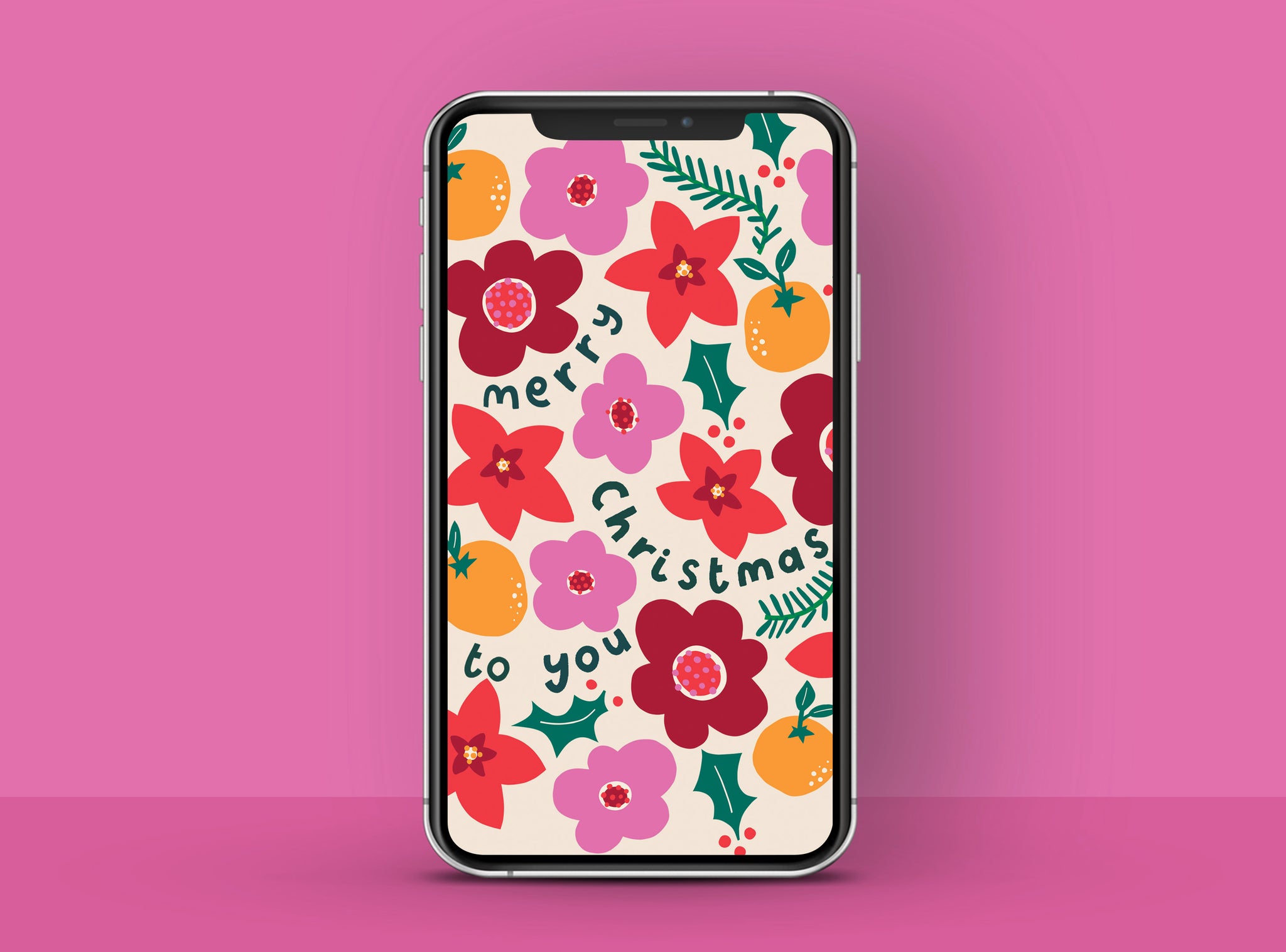 Winter foliage pattern with 'Merry Christmas to you' message phone wallpaper | Raspberry Blossom