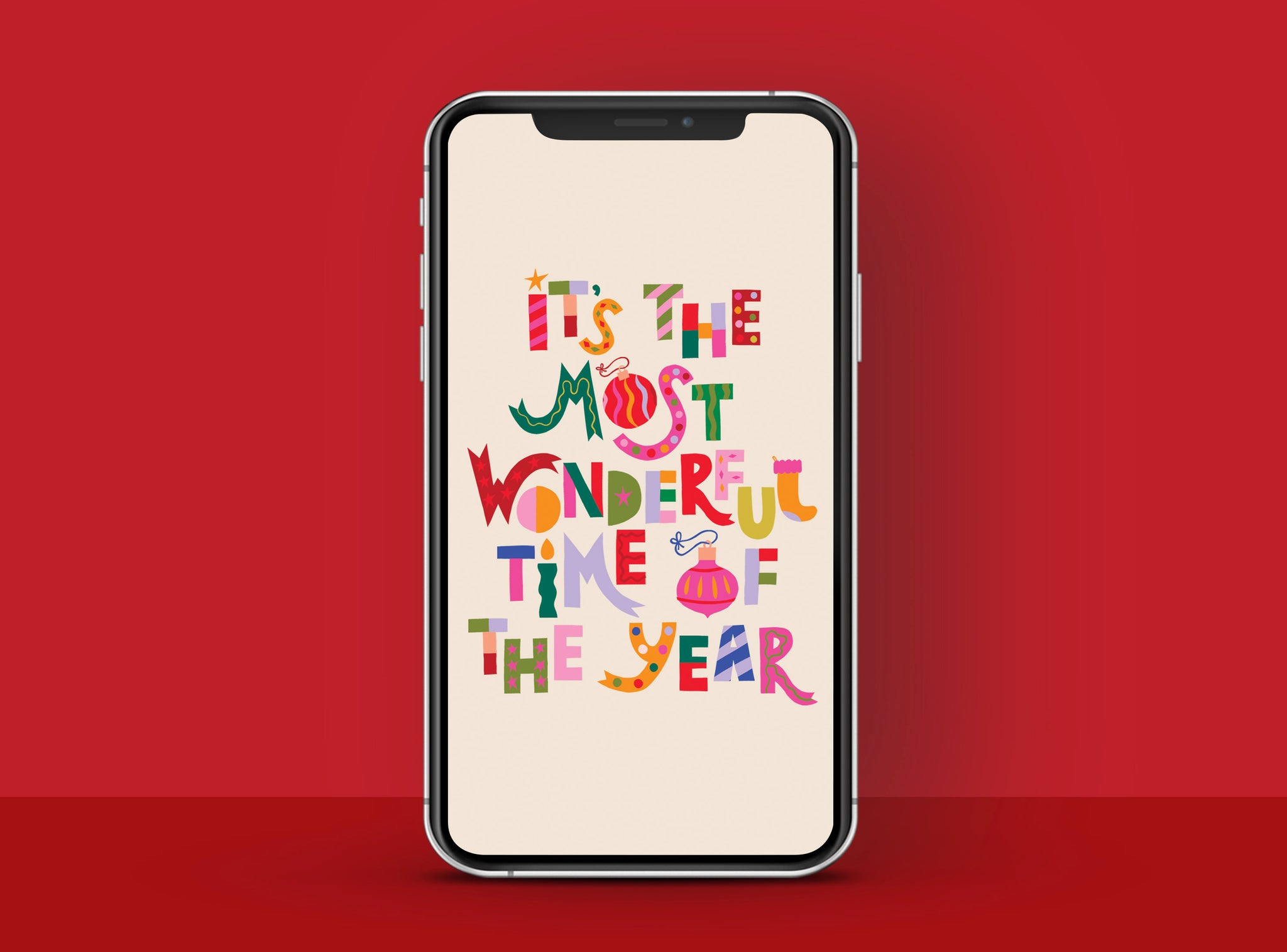Playful type with 'It's the most wonderful time of the year' Christmas message phone wallpaper | Raspberry Blossom