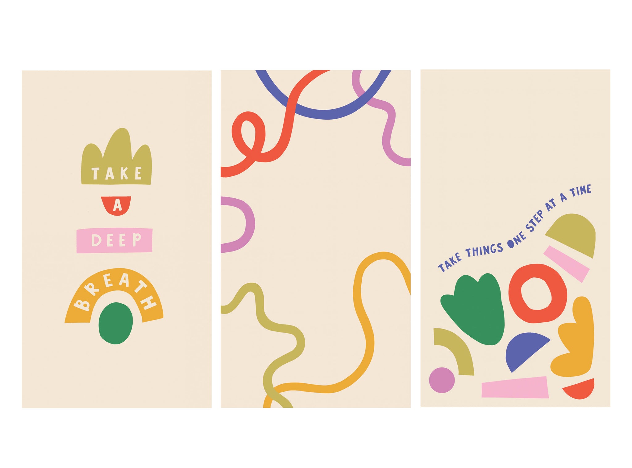 Three colourful free HD phone wallpaper downloads - 'Take a Deep Breath', colourful squiggles and 'Take one step at a time' | Raspberry Blossom
