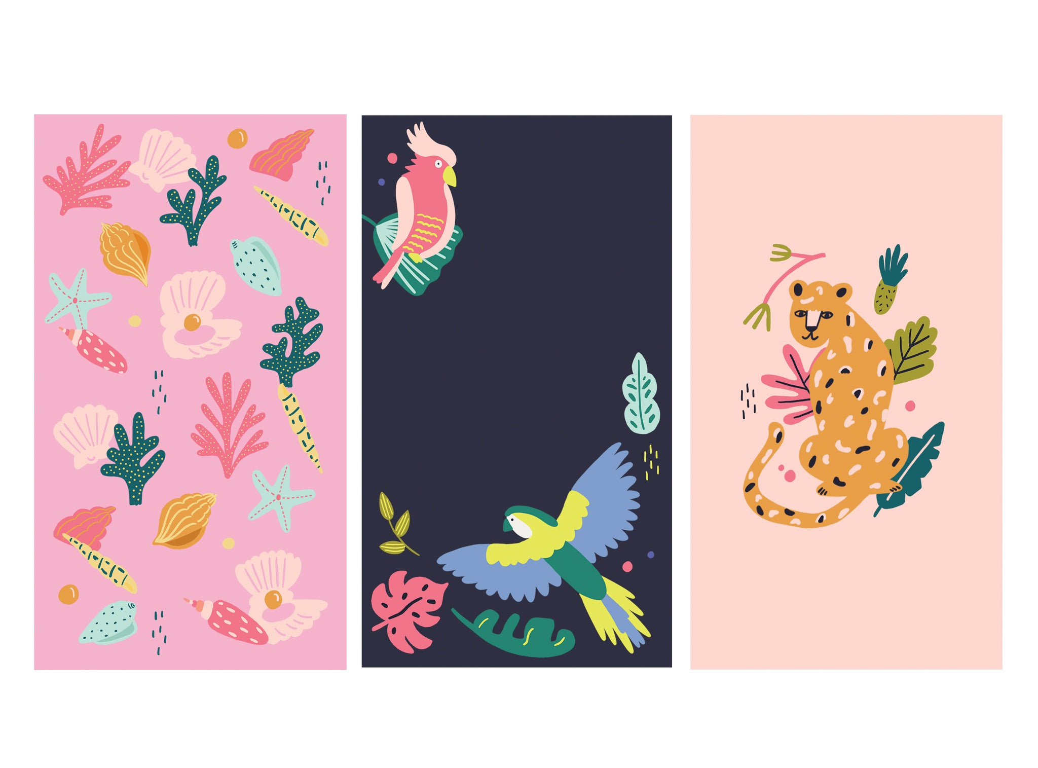 Coral Reef Pattern, Tropical Bird Illustration and Leopard Illustration Mobile Wallpaper Raspberry Blossom