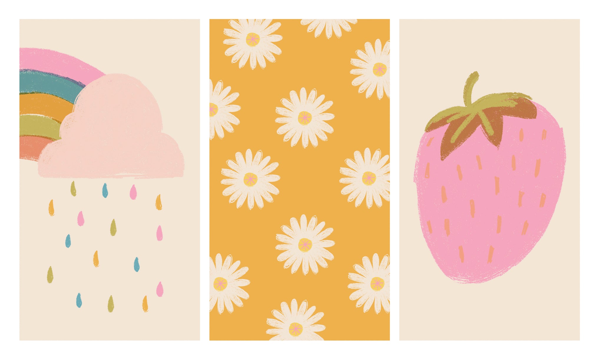 Three phone background designs. Colourful rainbow and cloud, illustrated multiple daisies and pink illustrated strawberry