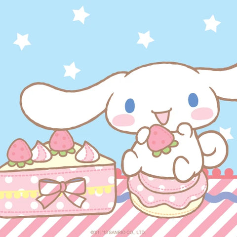 Cinnamoroll eating a cute strawberry cream cake and sitting on a Cinnamonroll inspired seat.