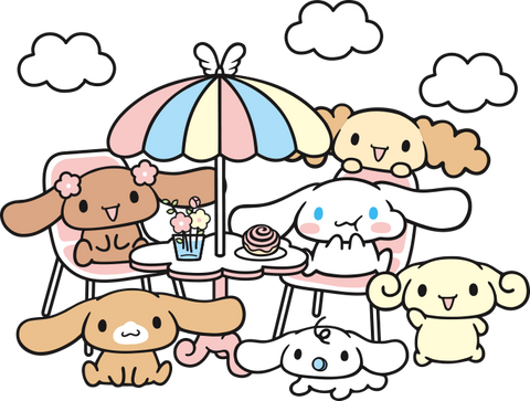 Cinnamoroll along with his friends, Chiffon, Mocha, Espresso, Cappuccino and Milk.