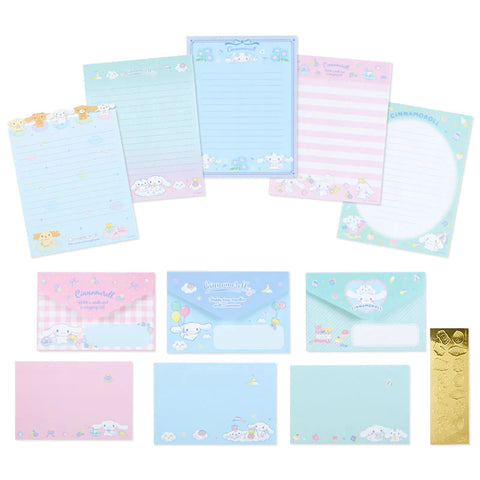 Cinnamoroll letter set showing colourful envelopes and letter sheets. Also has cute golden Cinnamoroll stickers.
