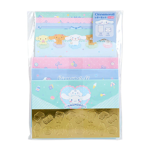 Cinnamoroll themed letter set. It has blue and pink coloured letter sheets, envelopes and golden Cinnamoroll themed sticker seals