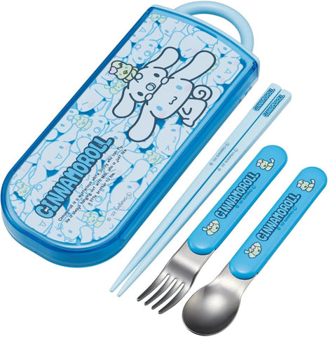 Cute blue and white cutlery set featuring Cinnamoroll and Milk.