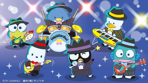 Hapindanbui Sanrio group members - Keroppi, Tuxedo Sam, Pekkle, Pochacco, Bad Badtz-Maru & Hangyodon