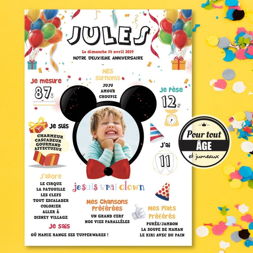 Affiche Anniversaire Personnalisee Mickey Pour Enfant Disney Et Ballo Omade