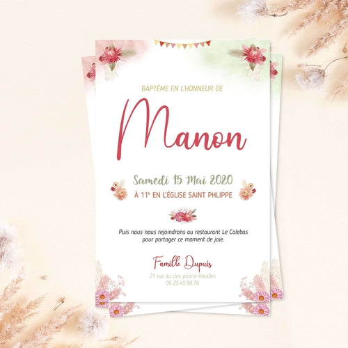 Faire Part Bapteme Champetre Pour Fille Avec Ses Fleurs Sechees Omade