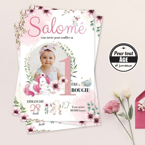 Invitation anniversaire Licorne forêt enchantée pour fille. Carton  invitation personnalisé avec la photo de votre enfant !, Omade
