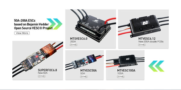 VESC_TOOL Compatible Controllers Benjamin Vedder Electric Speed Controller, Dual VESC  V6 based Controller: SUPERFOC6.8 50A VESC6.0 based Controller / 200A VESC  V4 based Controller: VESC50A/ VESC50ADU /VESC100A  180A anti-spark switch  Application: Electric skateboard, longboard, mountainboard, all terrain offroad skateboard, fighting robots, walking robots, ROV, fishing boat, city skateboard, Esk8, eskate, e-bike, mtb e-bike, e-scooter, etc.,