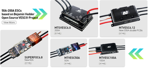 VESC_TOOL Compatible Controllers Benjamin Vedder Electric Speed Controller, Dual VESC  V6 based Controller: SUPERFOC6.8 50A VESC6.0 based Controller / 200A VESC  V4 based Controller: VESC50A/ VESC50ADU /VESC100A  180A anti-spark switch  Application: Electric skateboard, longboard, mountainboard, all terrain offroad skateboard, fighting robots, walking robots, ROV, fishing boat, city skateboard, Esk8, eskate, e-bike, mtb e-bike, e-scooter, etc.,