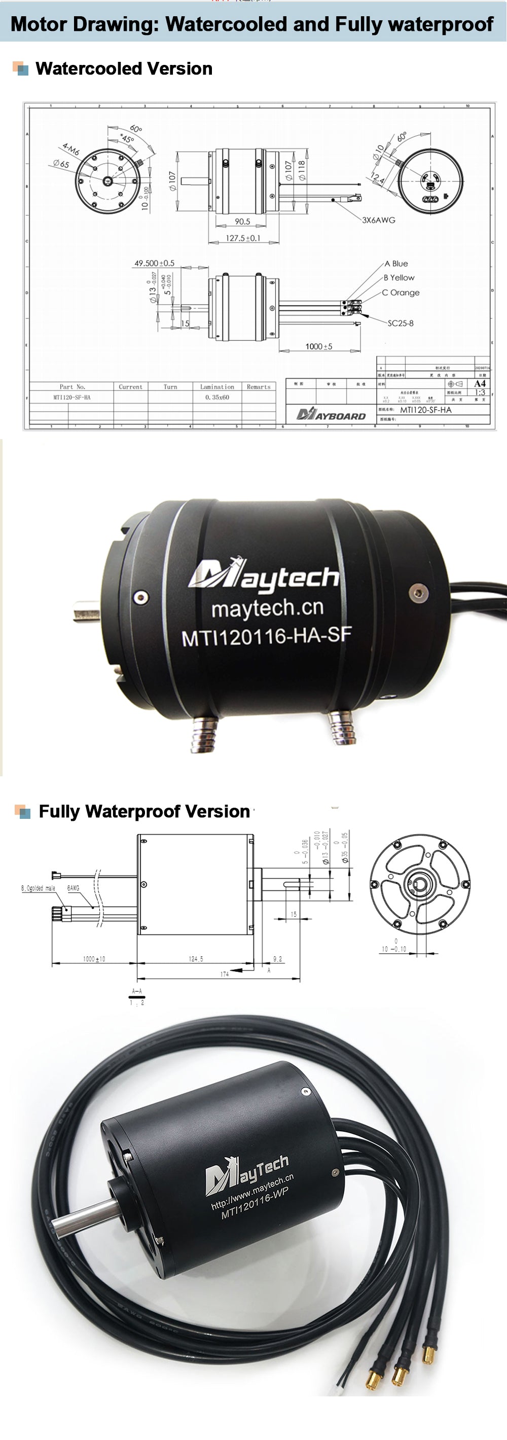 Maytech Fully Waterproof MTI120116 18.8KW Powerful Brushless Inrunner Motor for Electric Surfboard/RC Boat/Jetski