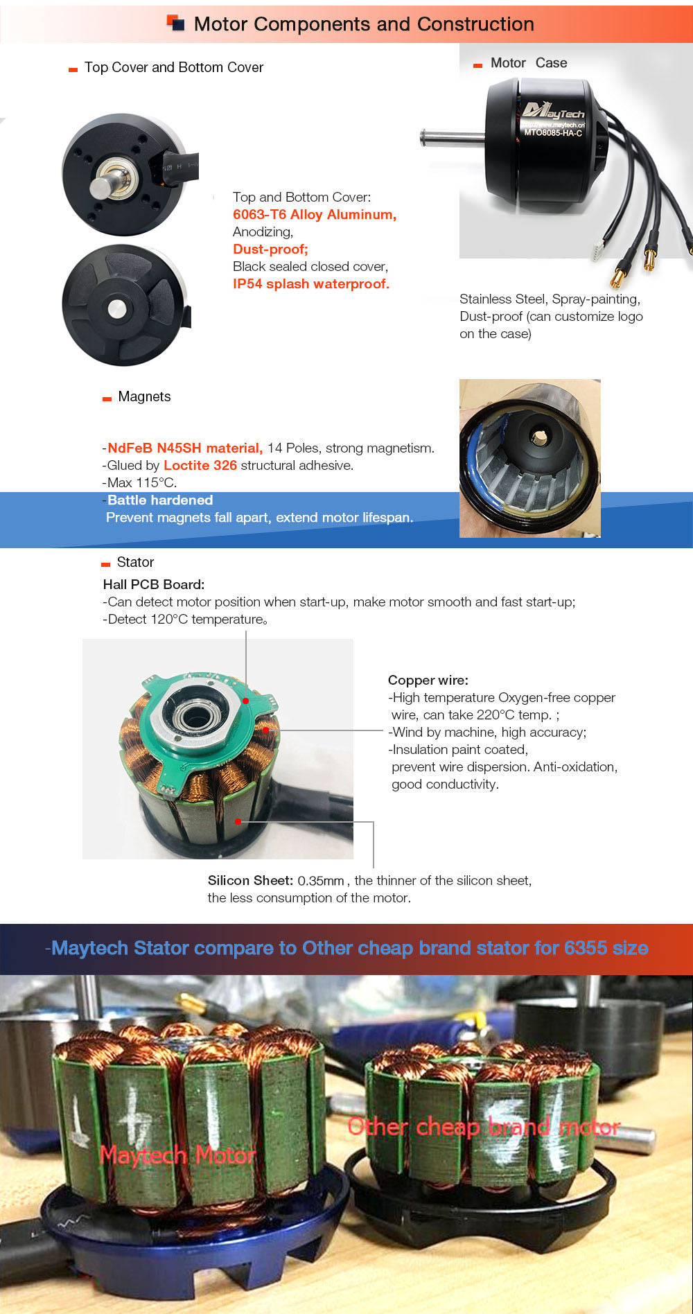 Electric propulsion drive system Vehicle Maytech brushless closed cover outrunner motors are specially designed for electric skateboard. The motors come with low KV, high torque and efficiency. </div> <div style="padding-left: 30px;">All parts are made of a high-precision CNC machining center, and all surfaces are made with oxidation treatment. High temperatu